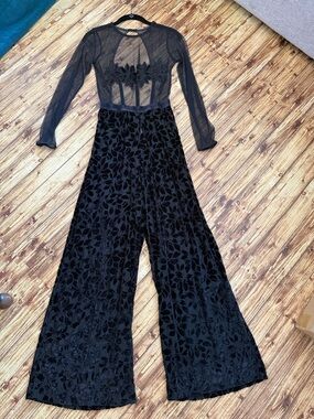 Victoria's Secret Black Sheer Bodice Floral Applique Velvet Jumpsuit